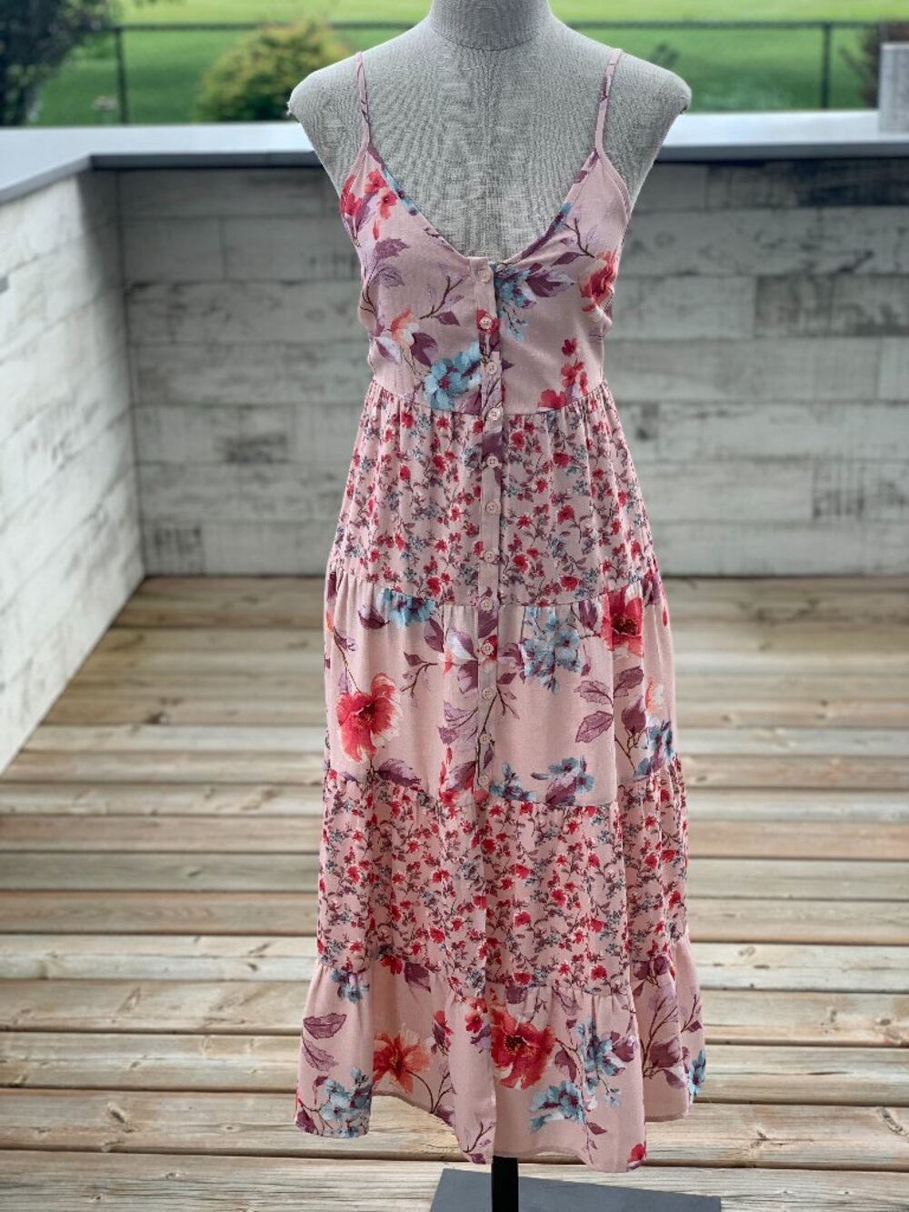 Xhilaration Midi Dress XS Pink Floral Tiered Front Button Up Back Tie Sleeveless